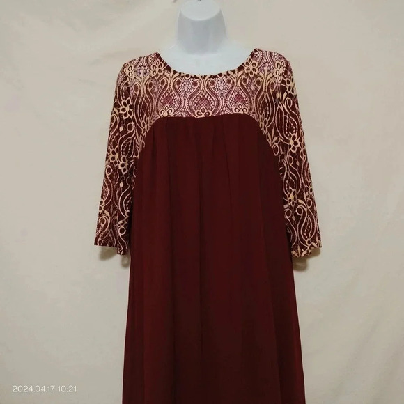 UMGEE Size Large Wine Shift Dress Lace bodice and 3/4 Sleeves - Picture 3 of 9